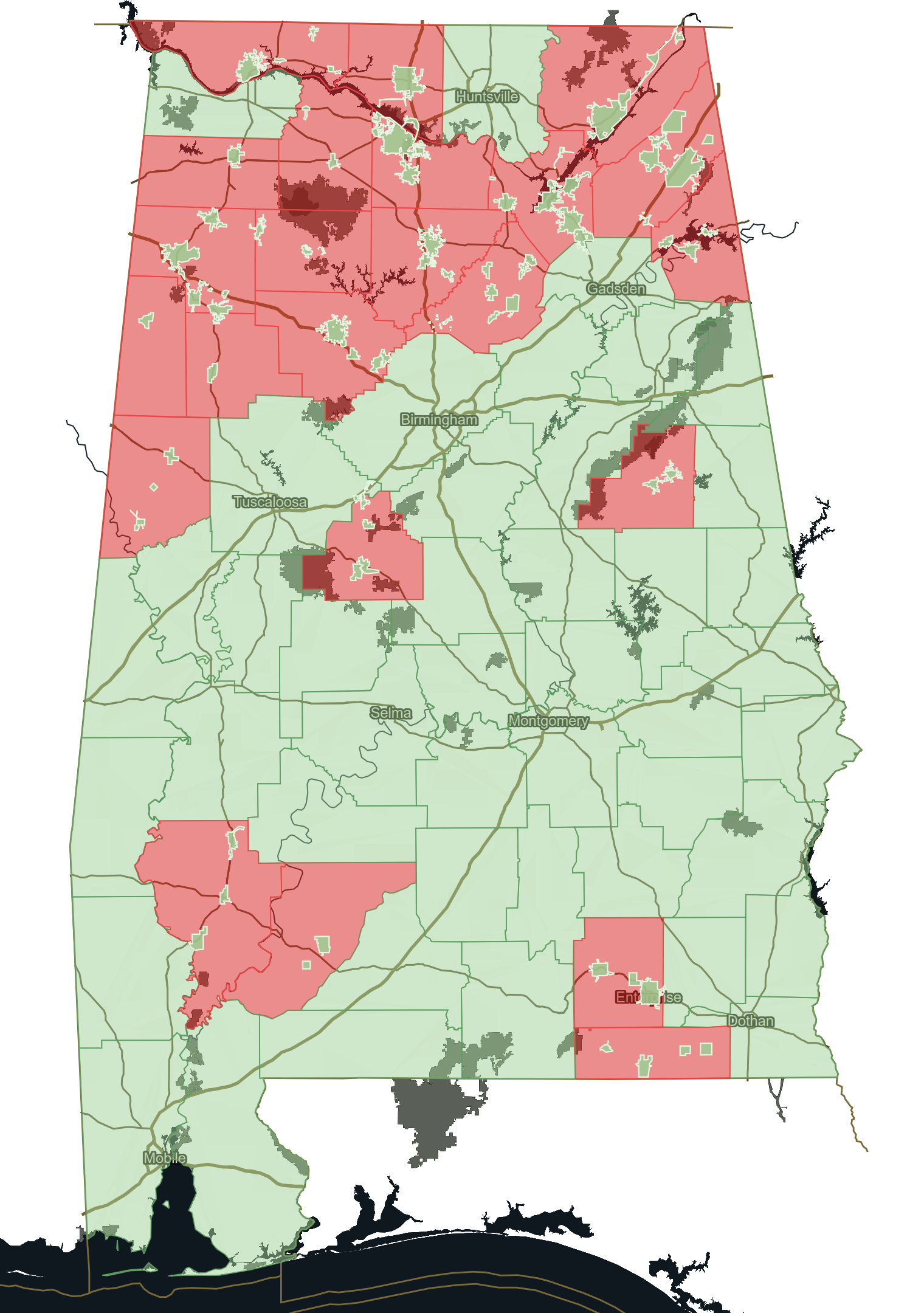 Map of Alabama showing where alcohol delivery is permitted by county and city